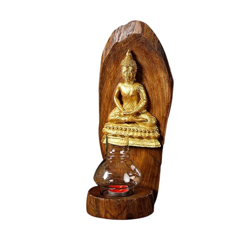 Genuine teak wood Thai birthday Buddha candle holder for wall decor