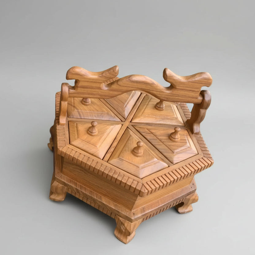 Large antique Thai style hexagon wooden keepsake organizer in deep brown