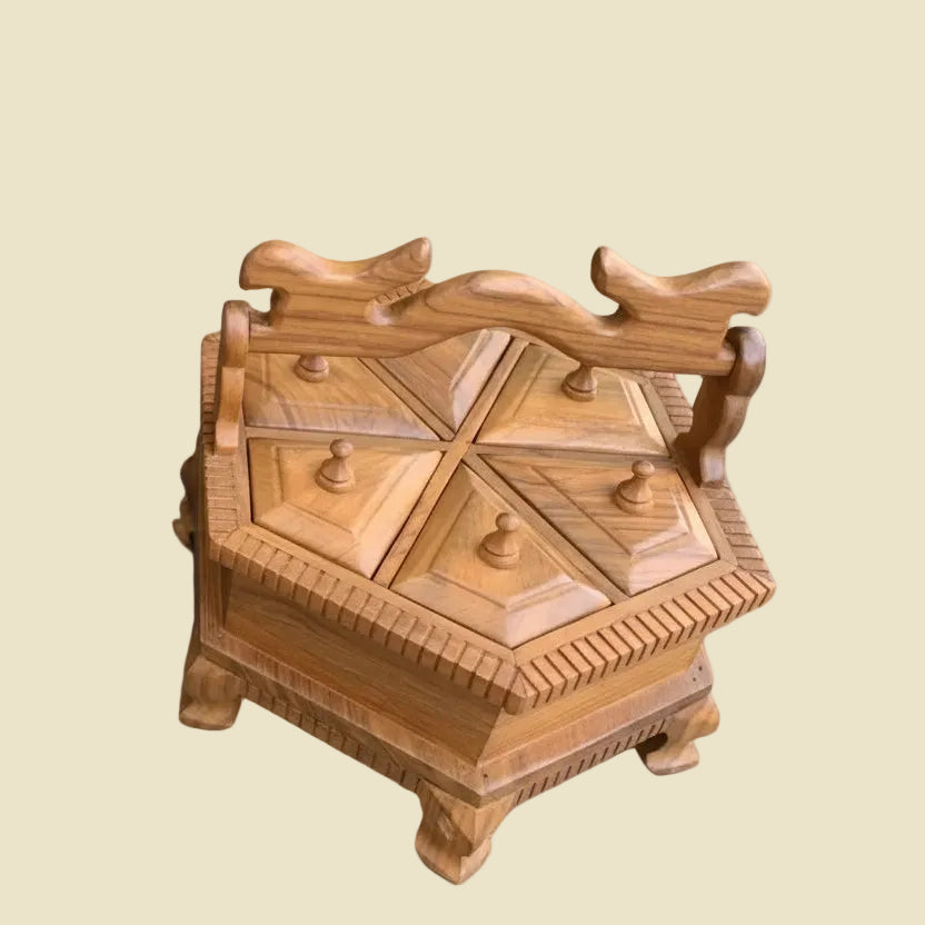 Large antique Thai style hexagon wooden keepsake organizer in deep brown