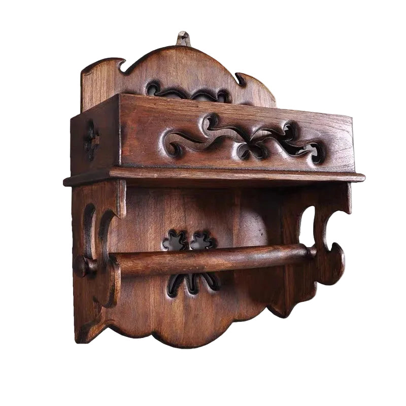 Carved Teak Wood Wall Tissue Holder & Shelf - Thai Artisan