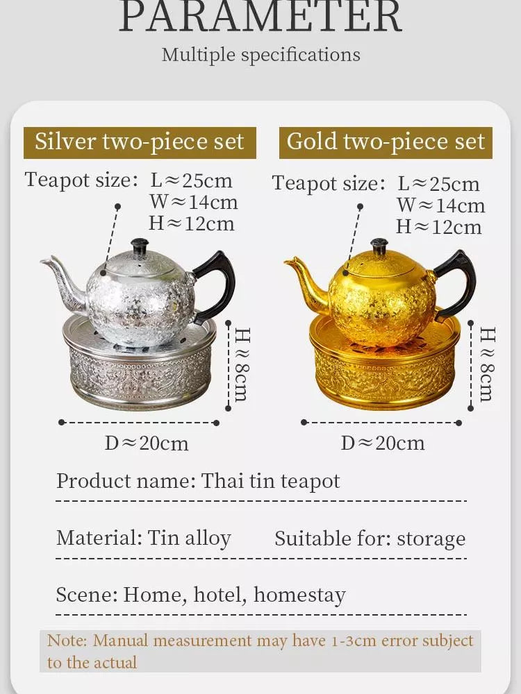 Dimensions of the silver and gold vintage Thai tin teapots and their matching pedestal bases.