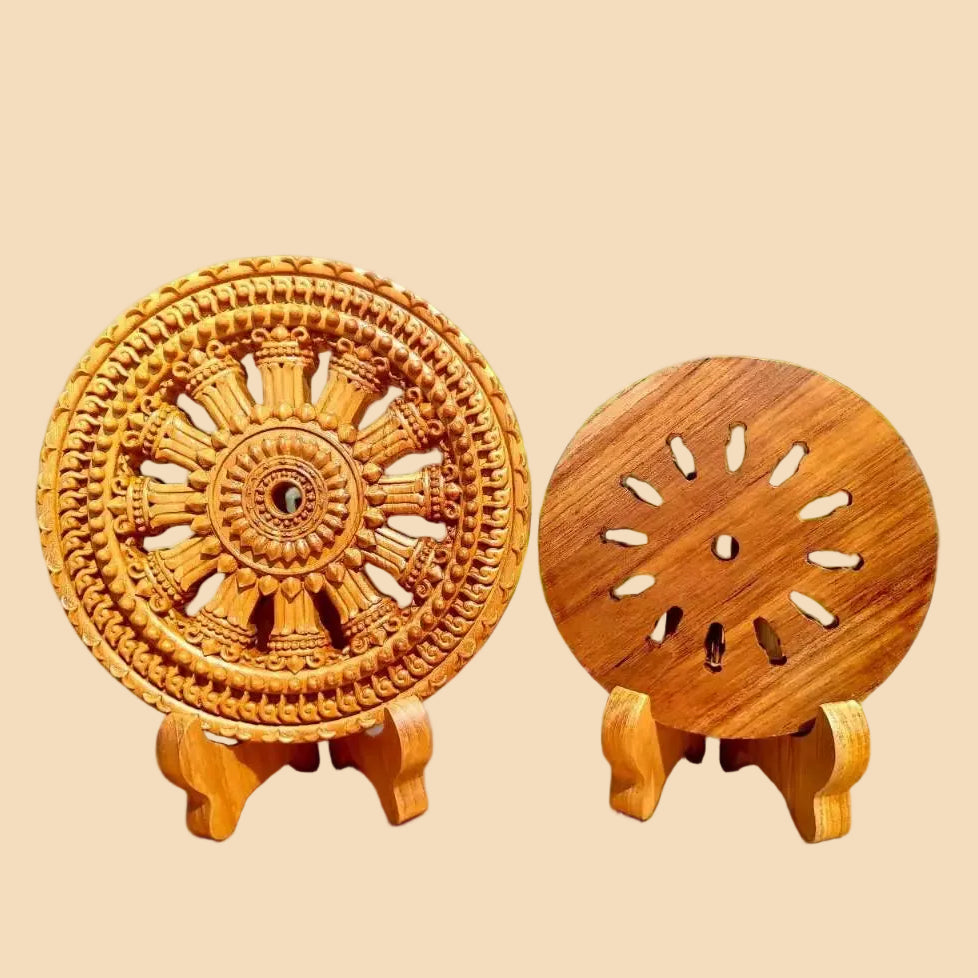 Authentic hand-carved teak wood Dharmachakra, a powerful Buddha religion symbol, complete with a display stand for Zen home decor.