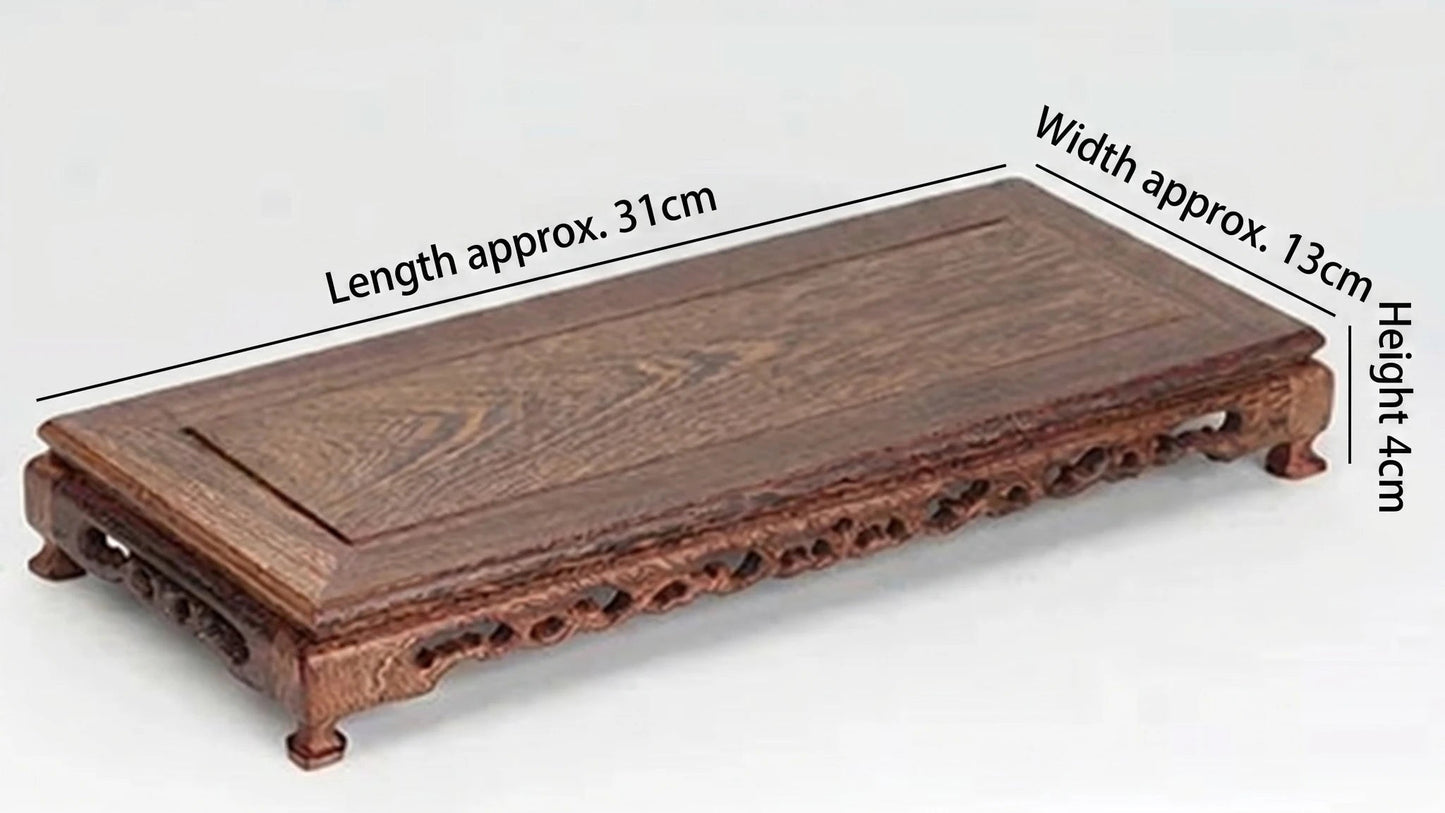 Hand-carved rectangular oriental wooden display stand made from premium chicken wing wood, with intricate details for displaying vases and teapots.