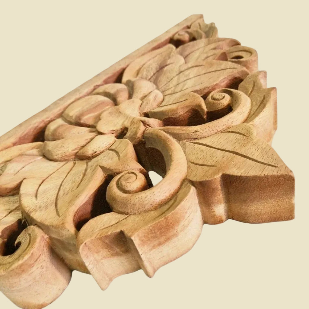 Hand-carved solid teak wood corbel featuring traditional Thai floral motifs, measuring 15 by 7 inches.