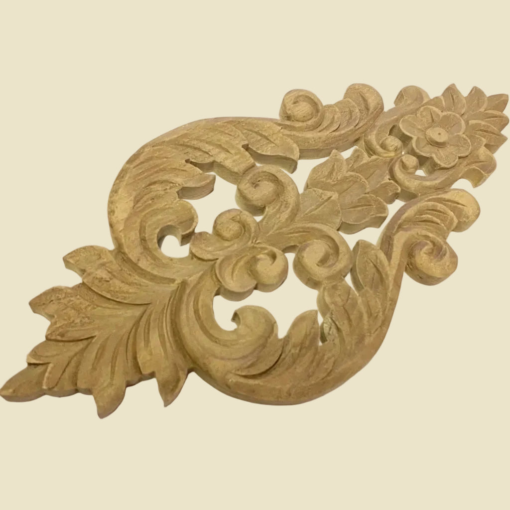 Intricate unfinished Thai teak wood applique onlay with floral carvings, perfect for DIY furniture and wall decor.