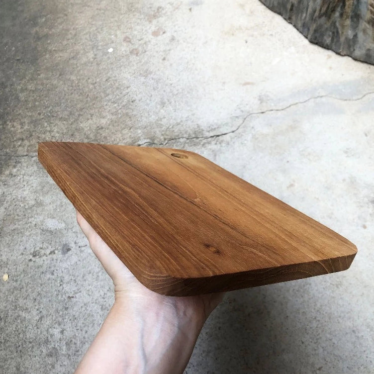 Minimalist handmade teak wood steak plate and cutting board with handle hole