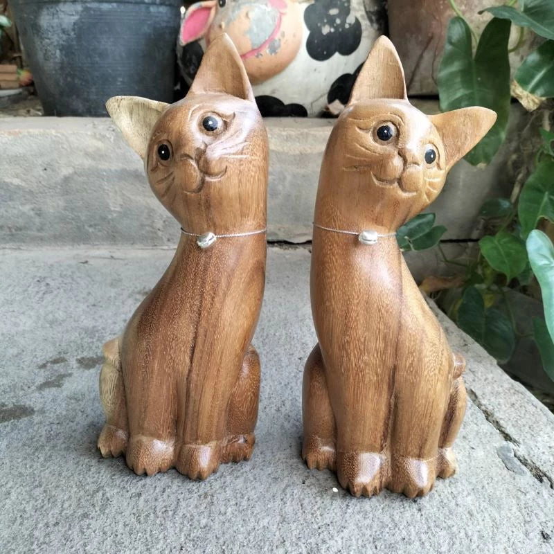 Pair of tall handcrafted wooden cat carvings for home decor