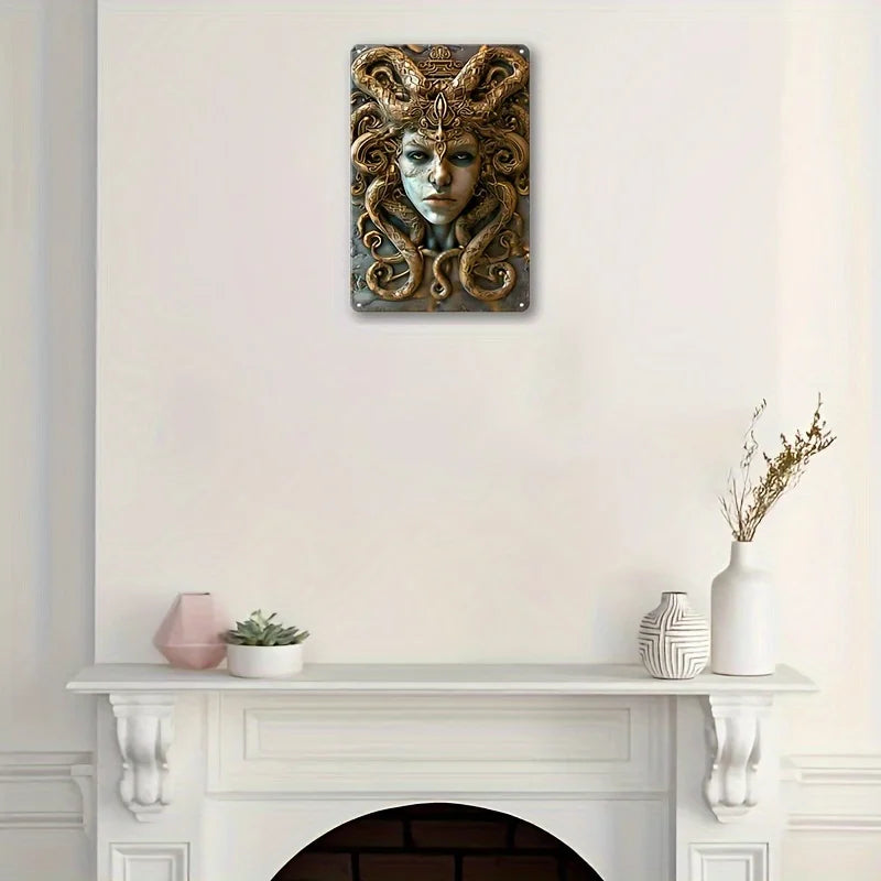 Decorative aluminum metal plaque sign featuring a striking 3D visual relief effect of Medusa from Greek mythology, perfect for gothic wall art.