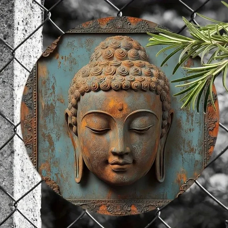 Vintage rustic Buddha metal tin sign, 20x20cm circular 2D flat wall art designed for peaceful Zen room decoration.