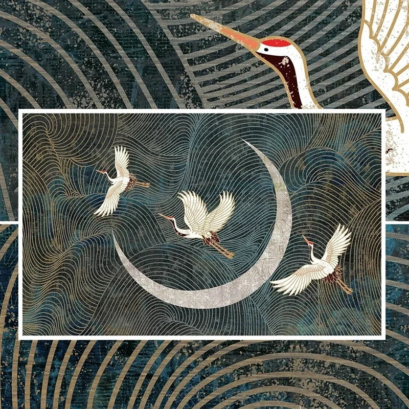 Abstract Cranes Moon Mural Wallpaper