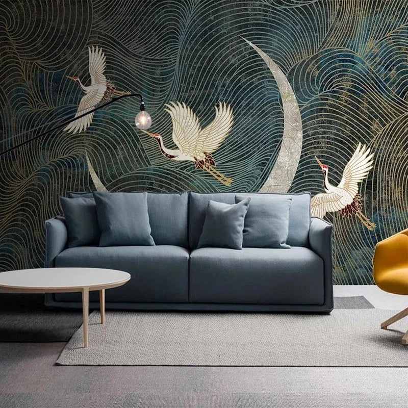 Abstract Cranes Moon Mural Wallpaper