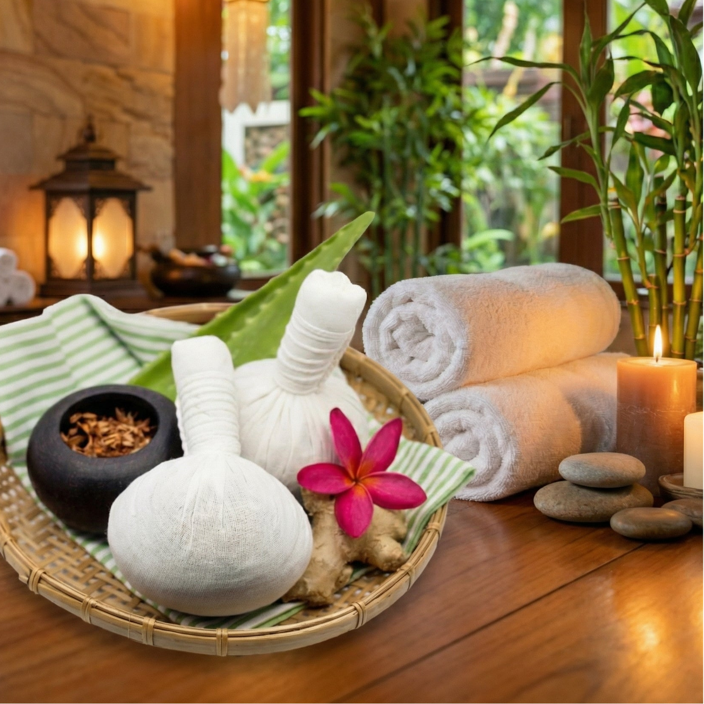 Set of 6 traditional Thai herbal hot compress balls (200g each) made from organic herbs for professional spa massage and muscle relief.