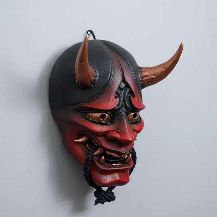 Creepy Latex Samurai Mask Realistic Halloween Cosplay Prop hanging display with intricate details and vibrant colors.