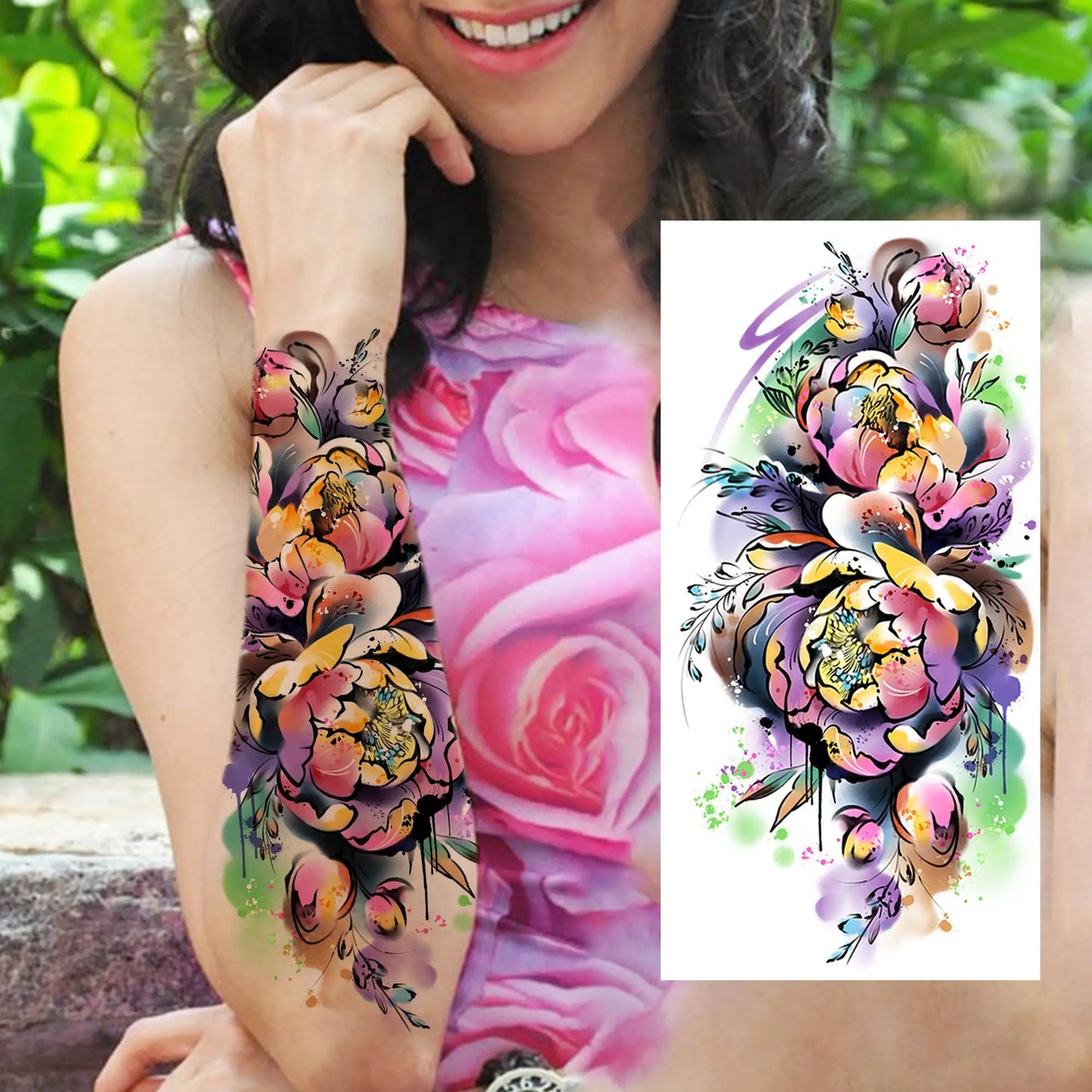 Watercolor Flower Temporary Tattoos 8 Sheets for Women