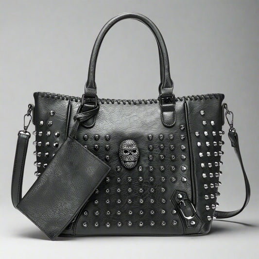 Punk Skull Studded Black PU Leather Handbag