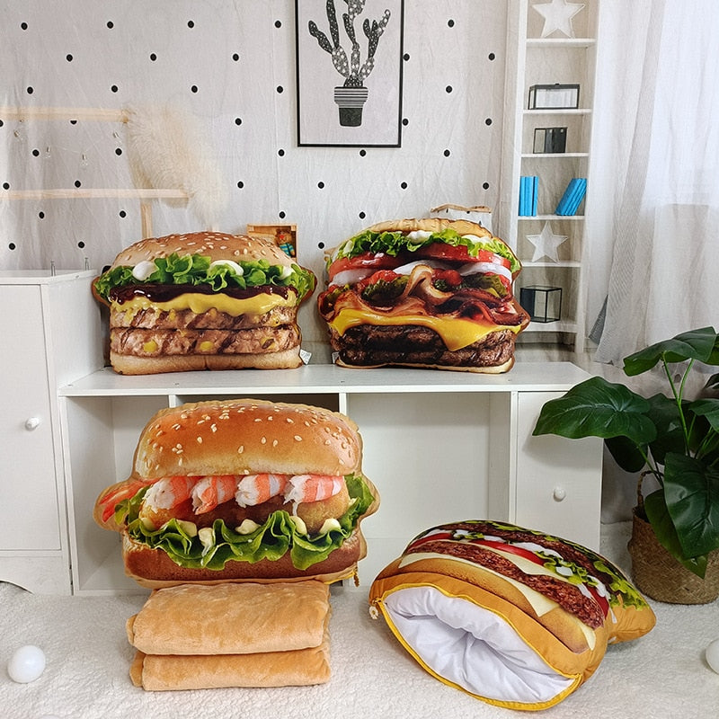 Plush Hamburger Pillow with Blanket - 2-in-1 Food Throw Pillow & Cushion