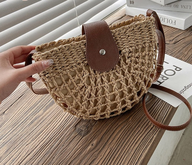 Straw Woven Semicircle Crossbody Bag | Rattan Beach Tote for Women