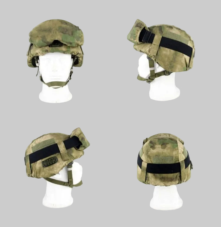 Man wearing a tactical Russian Army 6B47 helmet replica with an EMR digital camouflage cover.