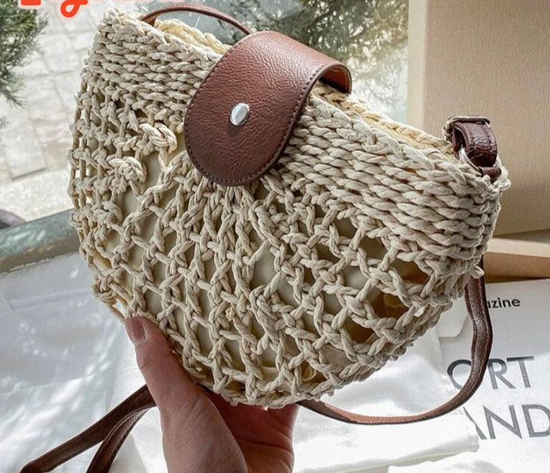 Straw Woven Semicircle Crossbody Bag | Rattan Beach Tote for Women