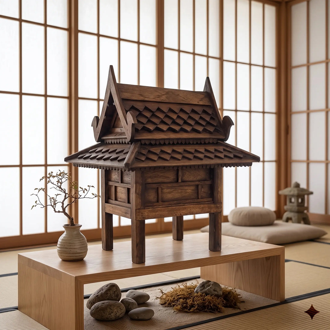 Handcrafted Thai teak spirit house with stained glass mosaic accents, made by Thai artisans