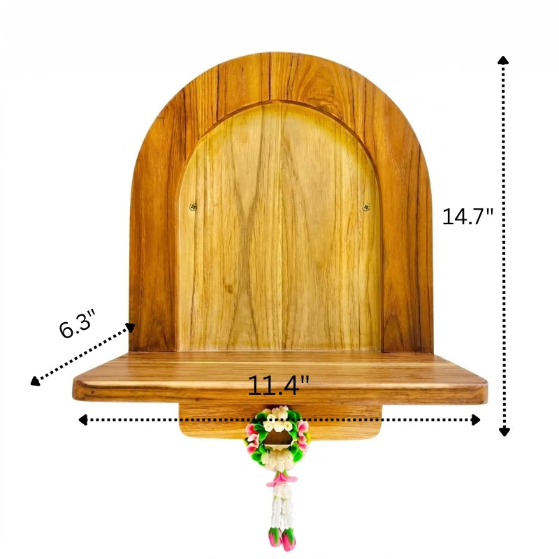 Minimalist golden teak wood wall-mounted Buddha altar with an arched back and built-in hook, perfect for Zen and spiritual home decor.