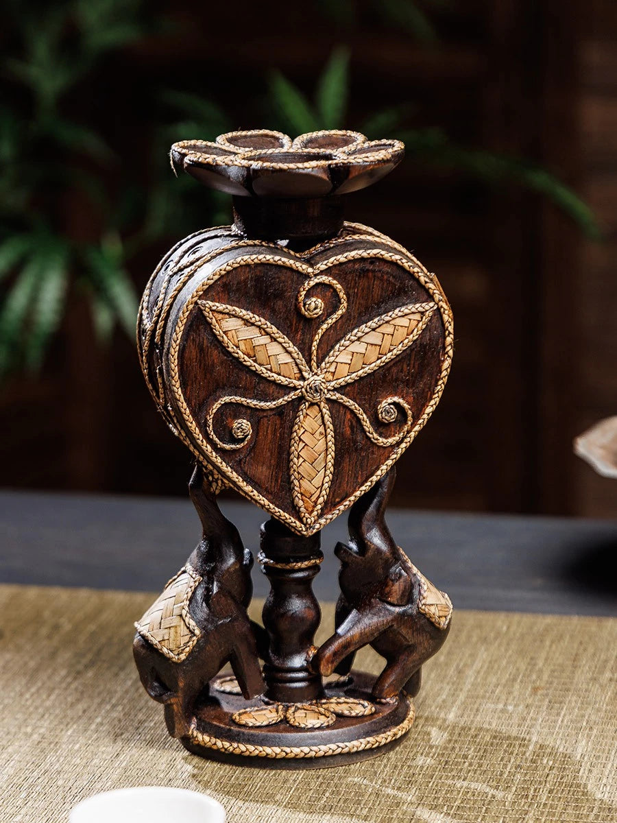 Hand-carved 2-in-1 solid wood incense cone burner and tealight candle holder supported by a stable pair of elephants.