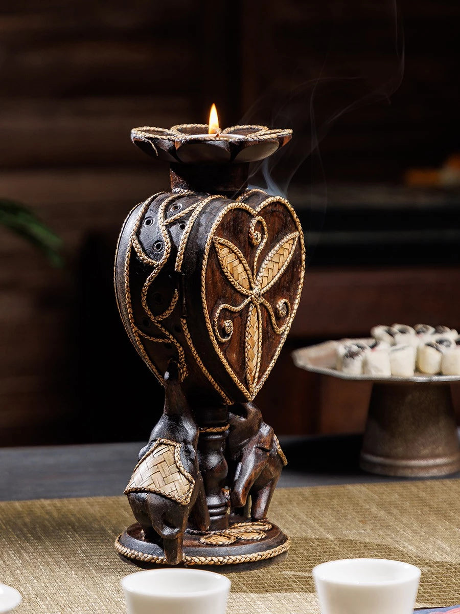 Hand-carved 2-in-1 solid wood incense cone burner and tealight candle holder supported by a stable pair of elephants.
