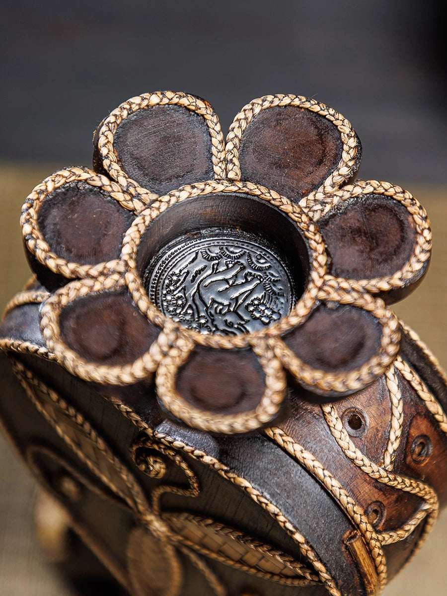 Hand-carved 2-in-1 solid wood incense cone burner and tealight candle holder supported by a stable pair of elephants.