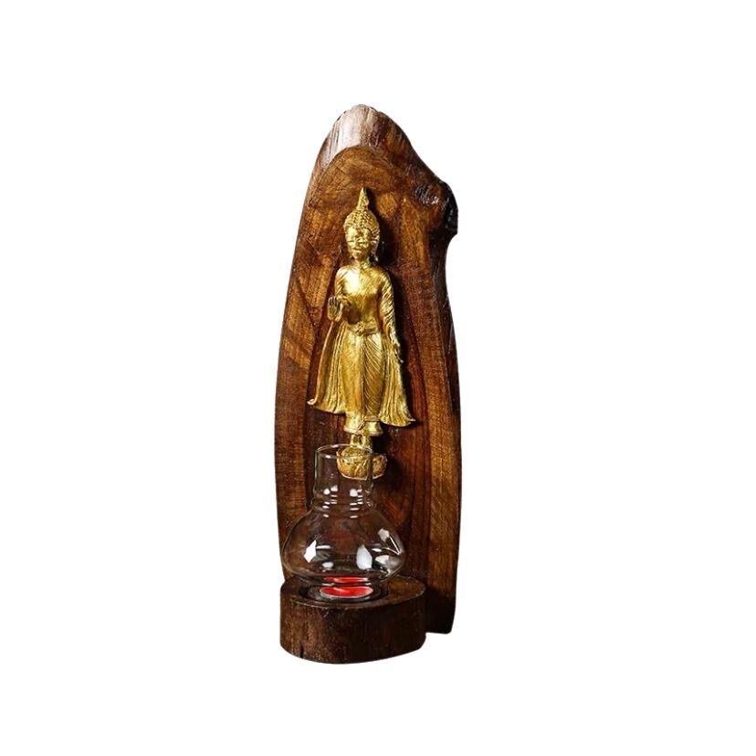 Teakwood Candle Holder with Zodiac Day Buddha Figurine