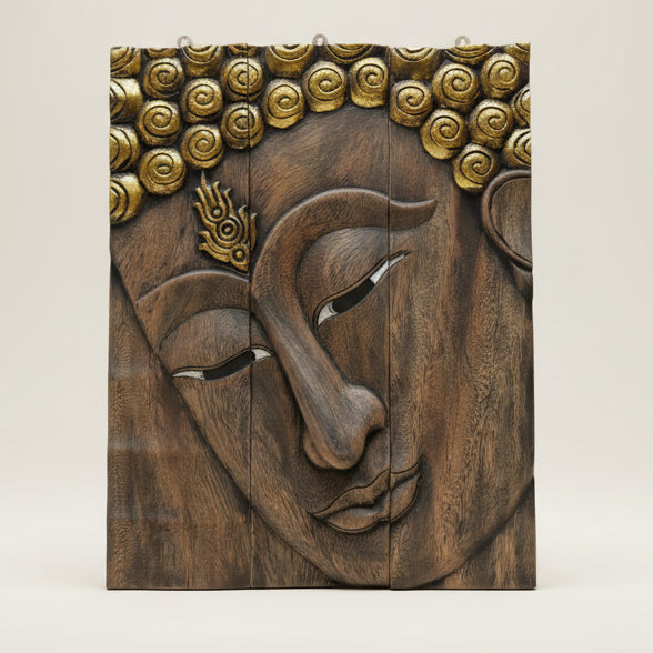 3-piece carved Buddha face wood decor wall panels