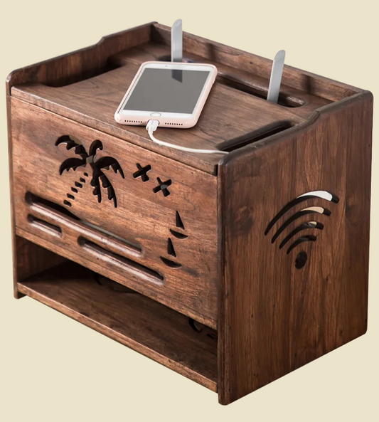 Wooden WiFi router storage box and wall mounted cable organizer