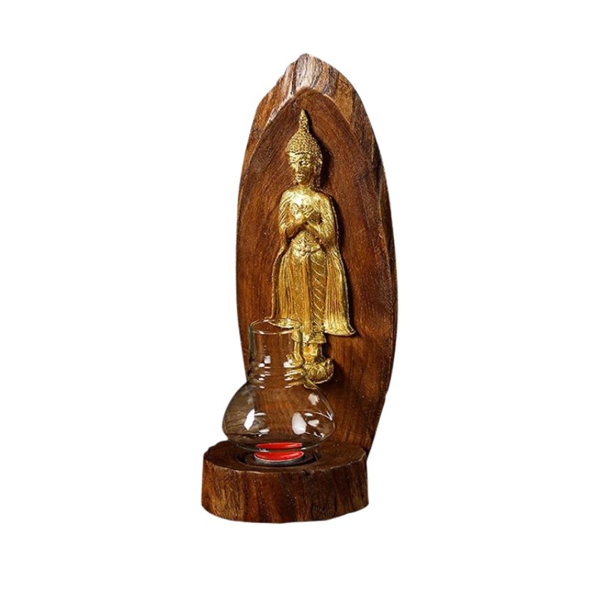 Teakwood Candle Holder with Zodiac Day Buddha Figurine