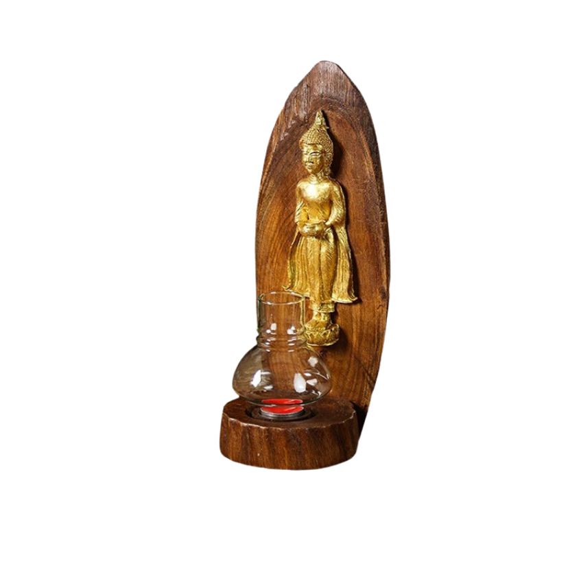 Teakwood Candle Holder with Zodiac Day Buddha Figurine