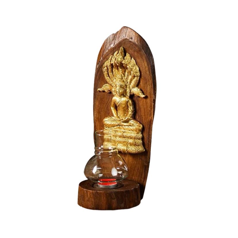 Teakwood Candle Holder with Zodiac Day Buddha Figurine