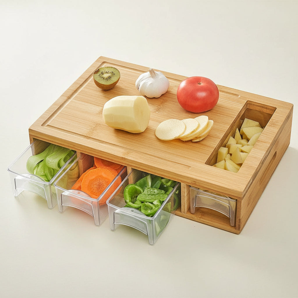 Bamboo cutting board with storage drawers and 4 stainless steel graters