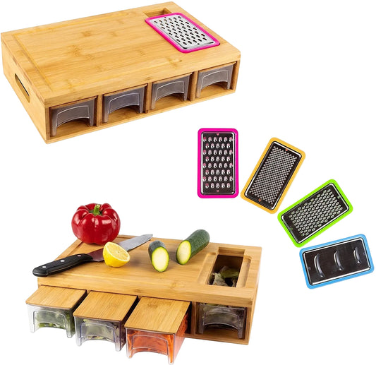 Bamboo cutting board with storage drawers and 4 stainless steel graters
