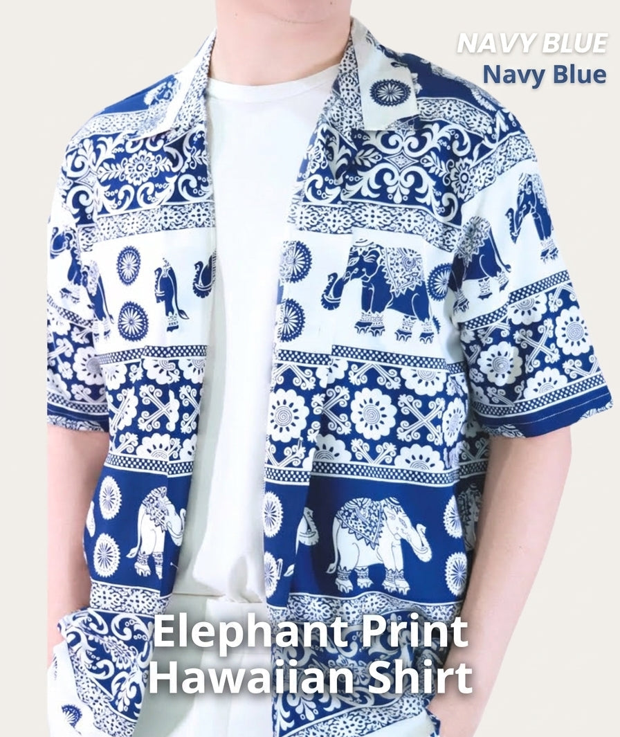 Authentic Thai elephant mens aloha shirt made of premium spun rayon. Perfect casual Hawaiian button-down for summer and beach vacations.