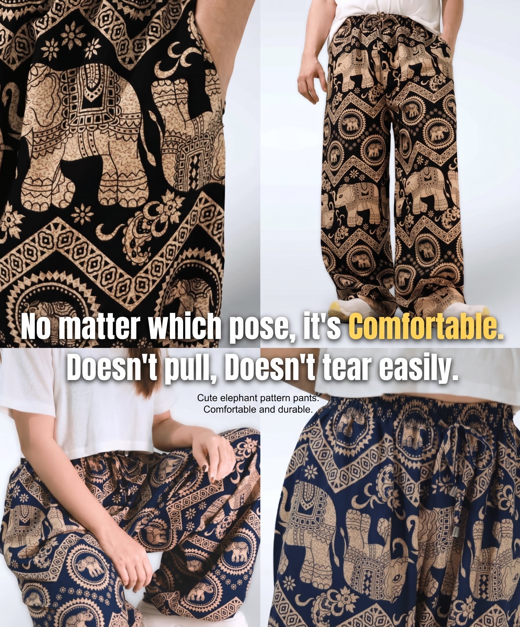 Authentic premium spun rayon Thai elephant pants featuring original prints, elastic waist, and pockets. Perfect for casual boho style.