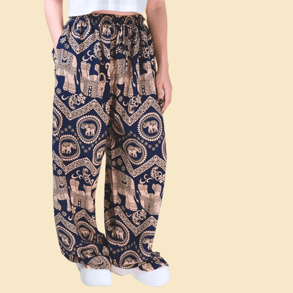 Authentic premium spun rayon Thai elephant pants featuring original prints, elastic waist, and pockets. Perfect for casual boho style.