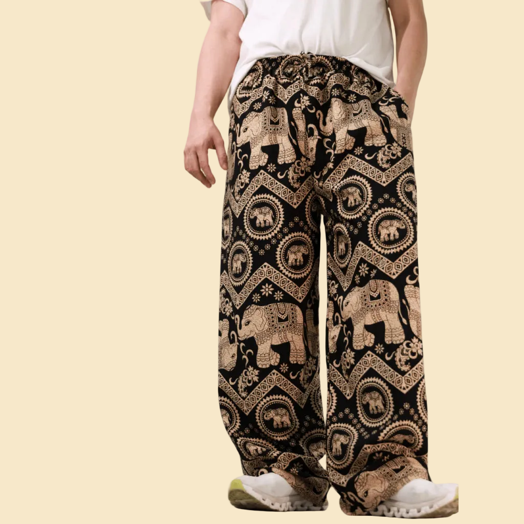 Authentic premium spun rayon Thai elephant pants featuring original prints, elastic waist, and pockets. Perfect for casual boho style.