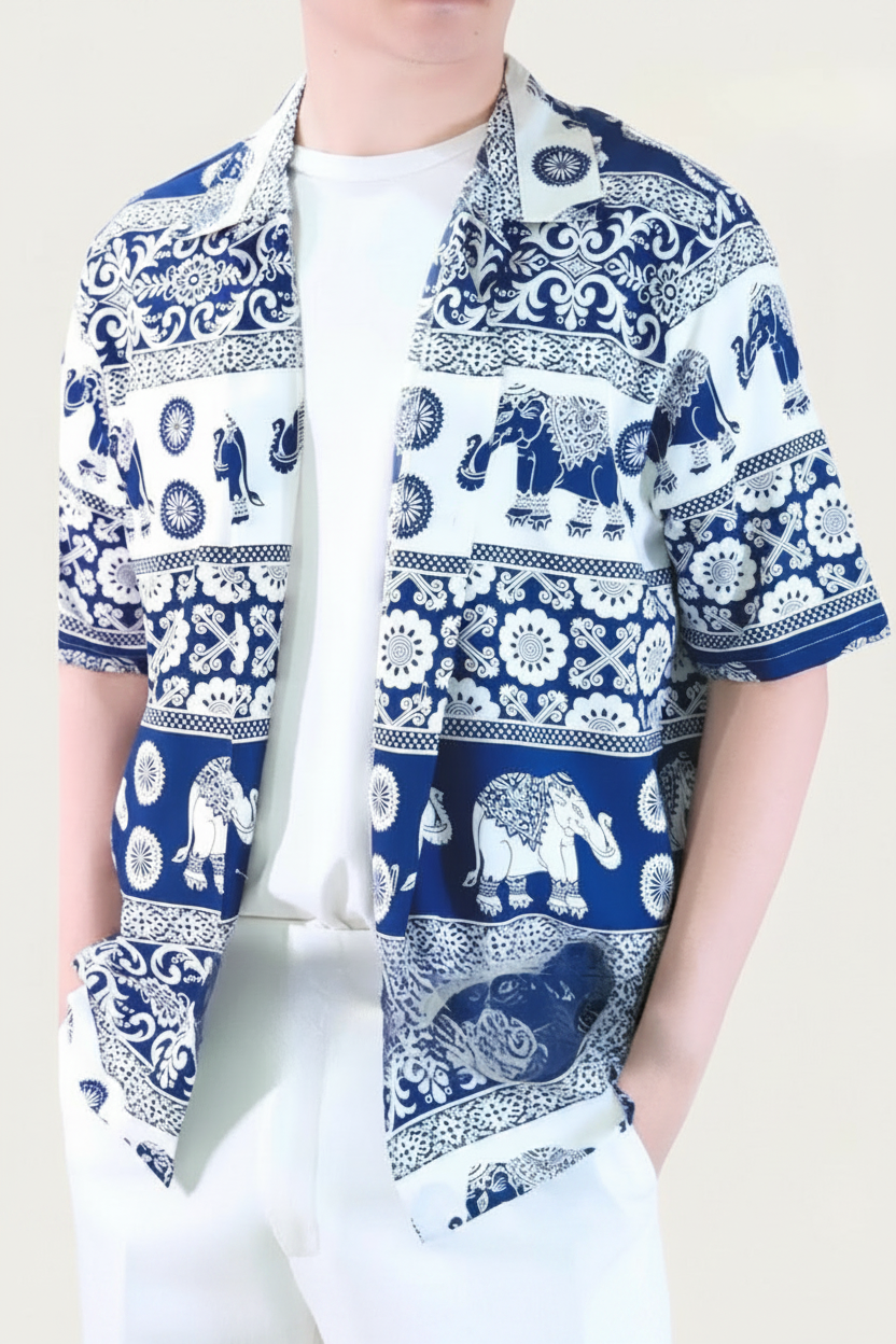 Authentic Thai elephant mens aloha shirt made of premium spun rayon. Perfect casual Hawaiian button-down for summer and beach vacations.