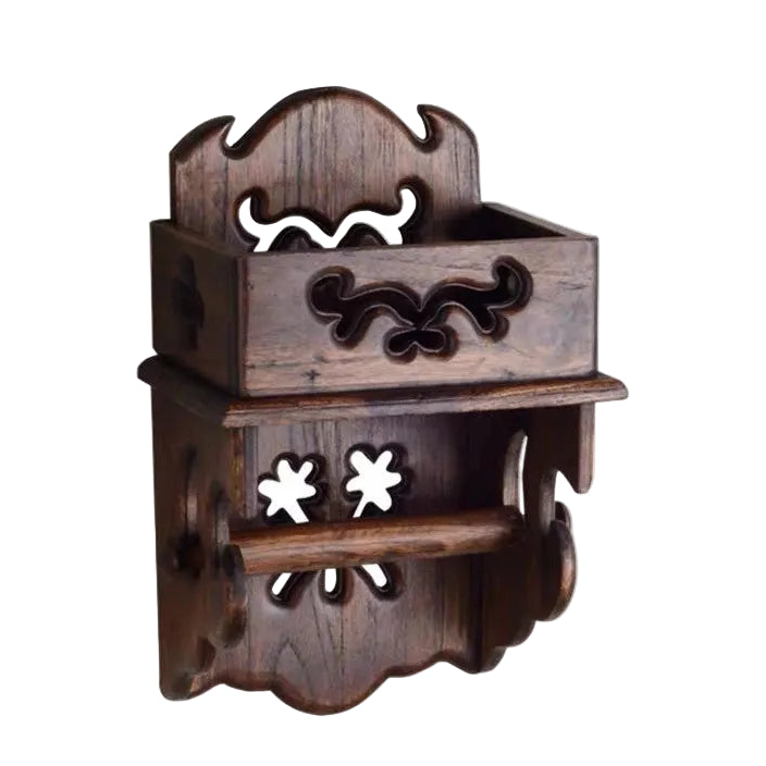 Carved Teak Wood Wall Tissue Holder & Shelf - Thai Artisan