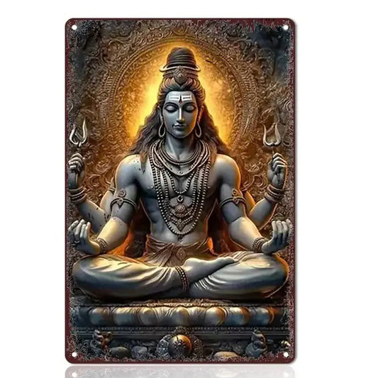 Decorative aluminum metal wall decor featuring a 3D visual effect of the Shiva god of India in a meditative posture.