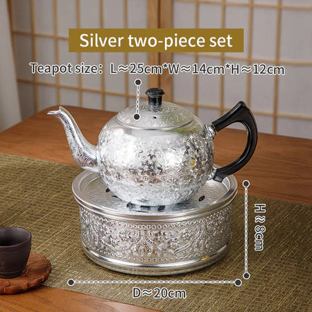Dimensions of the silver and gold vintage Thai tin teapots and their matching pedestal bases.