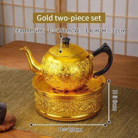 Dimensions of the silver and gold vintage Thai tin teapots and their matching pedestal bases.