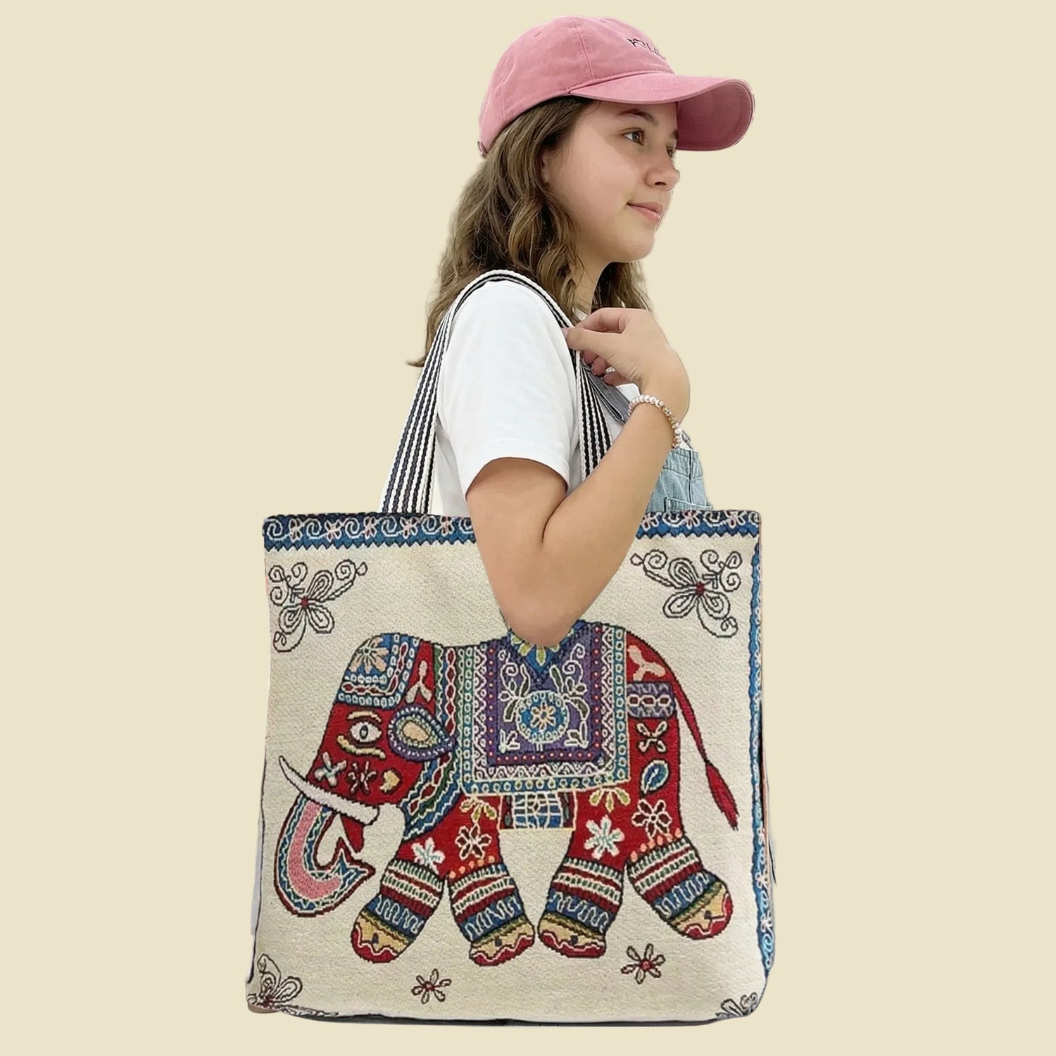 Large handcrafted Thai elephant woven tote bag with a pattern on one side, featuring zipper closure and inner lining for daily use.