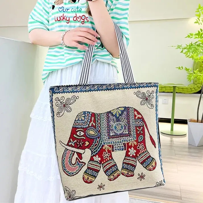 Large handcrafted Thai elephant woven tote bag with a pattern on one side, featuring zipper closure and inner lining for daily use.