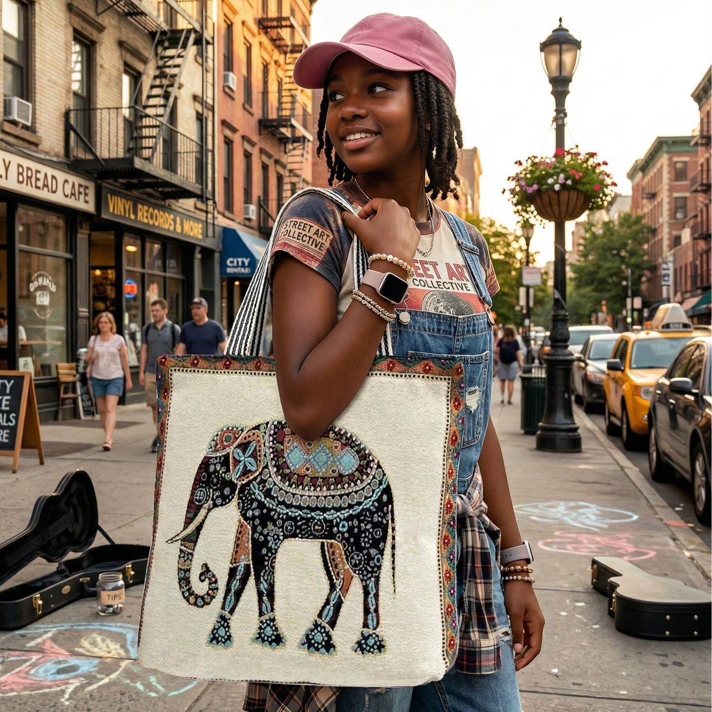 Large handcrafted Thai elephant woven tote bag with a pattern on one side, featuring zipper closure and inner lining for daily use.