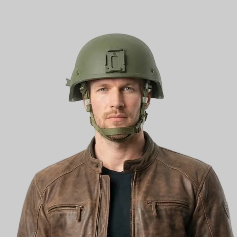 Man wearing a tactical Russian Army 6B47 helmet replica with an EMR digital camouflage cover.