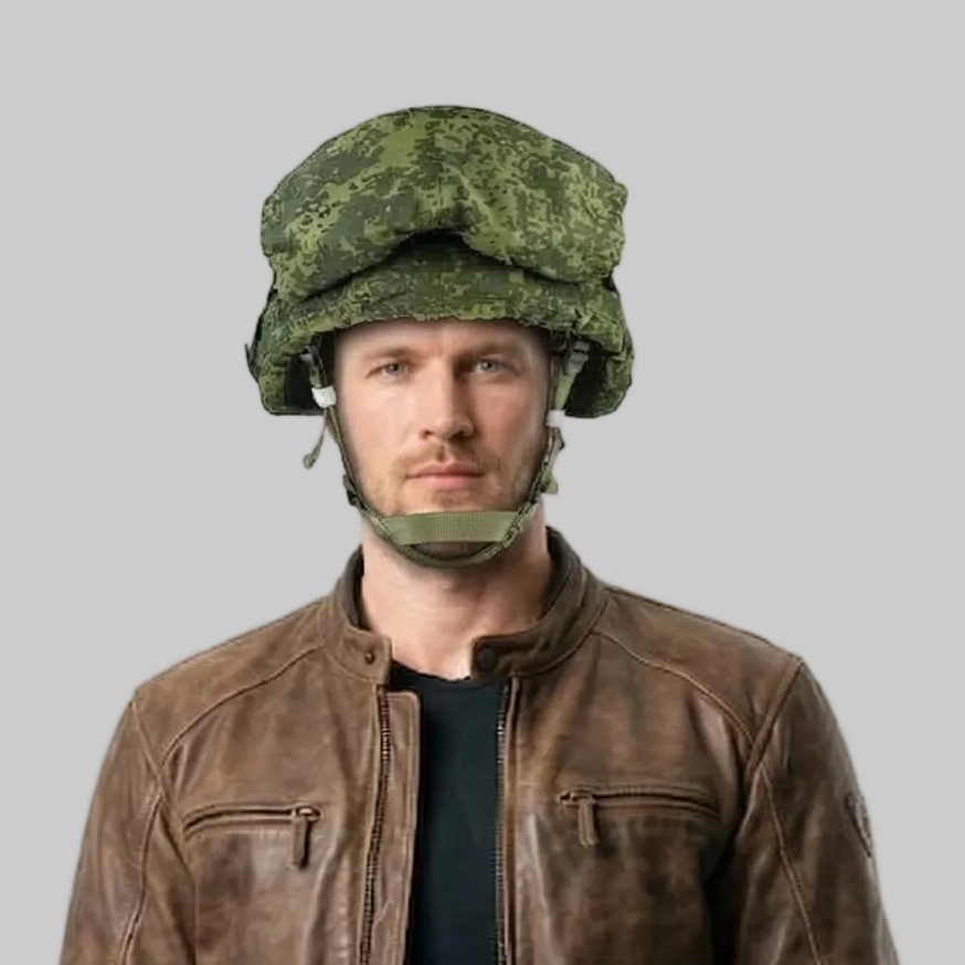 Man wearing a tactical Russian Army 6B47 helmet replica with an EMR digital camouflage cover.